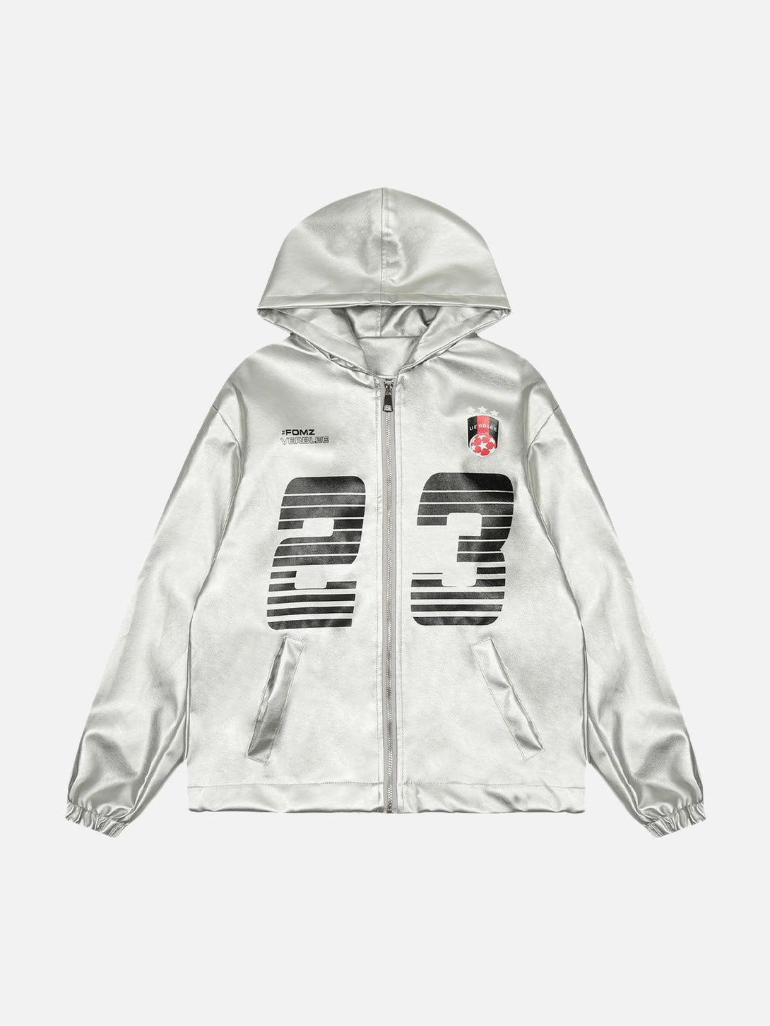 Front view of a silver leather hooded jacket by TALISHKO, featuring bold black numbers.