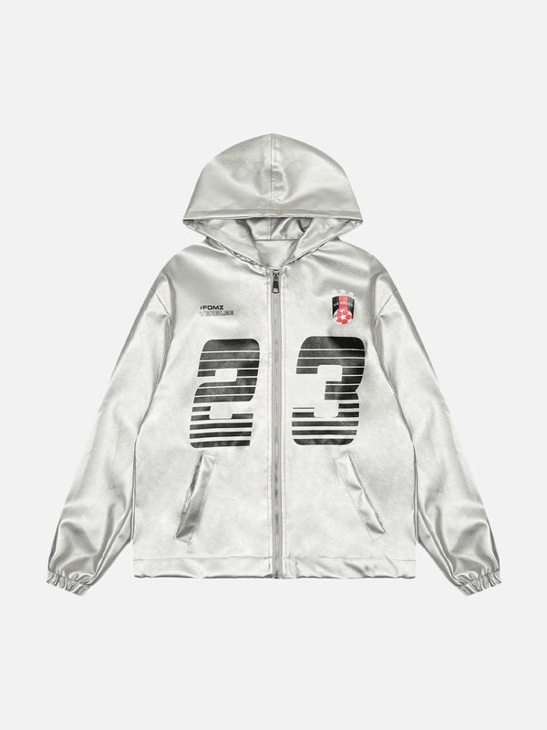 Front view of a silver leather hooded jacket by TALISHKO, featuring bold black numbers.