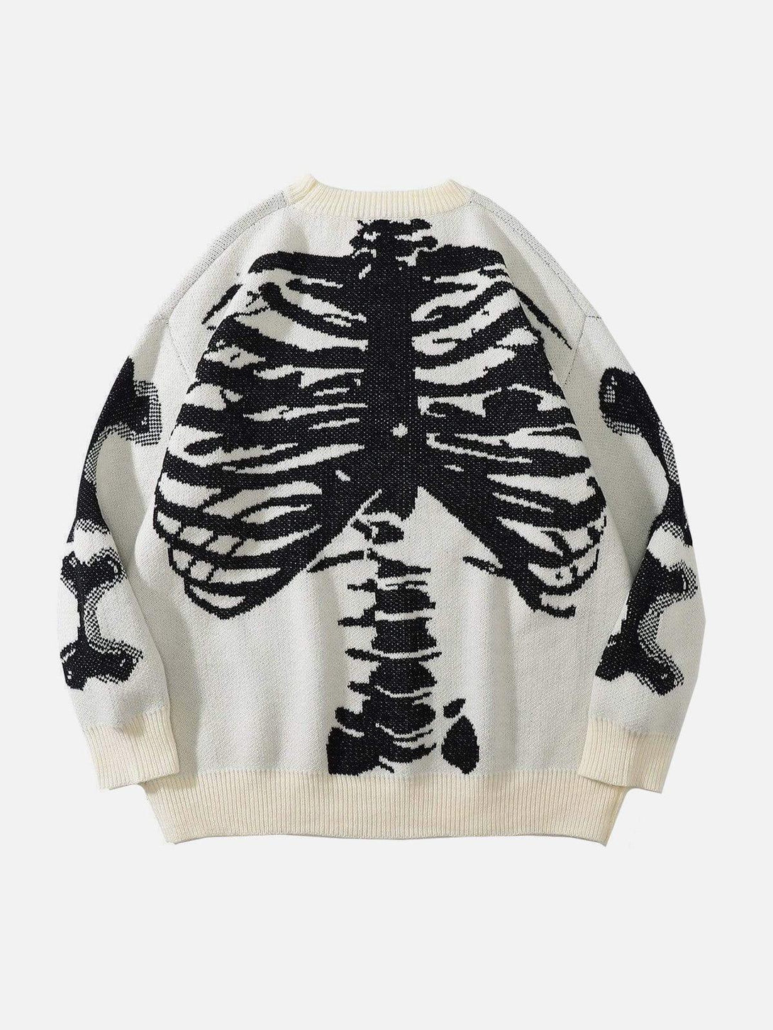 Back view of TALISHKO's apricot knit sweater featuring a bold skeleton pattern design.