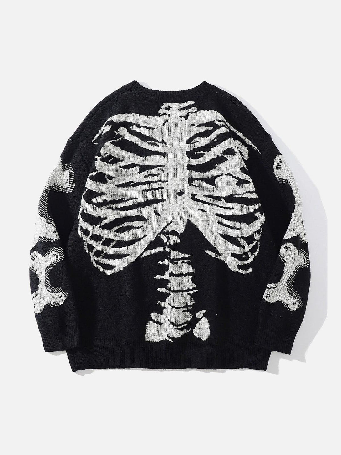 Black skeleton pattern knit sweater by TALISHKO, showcasing bold design elements in streetwear style.