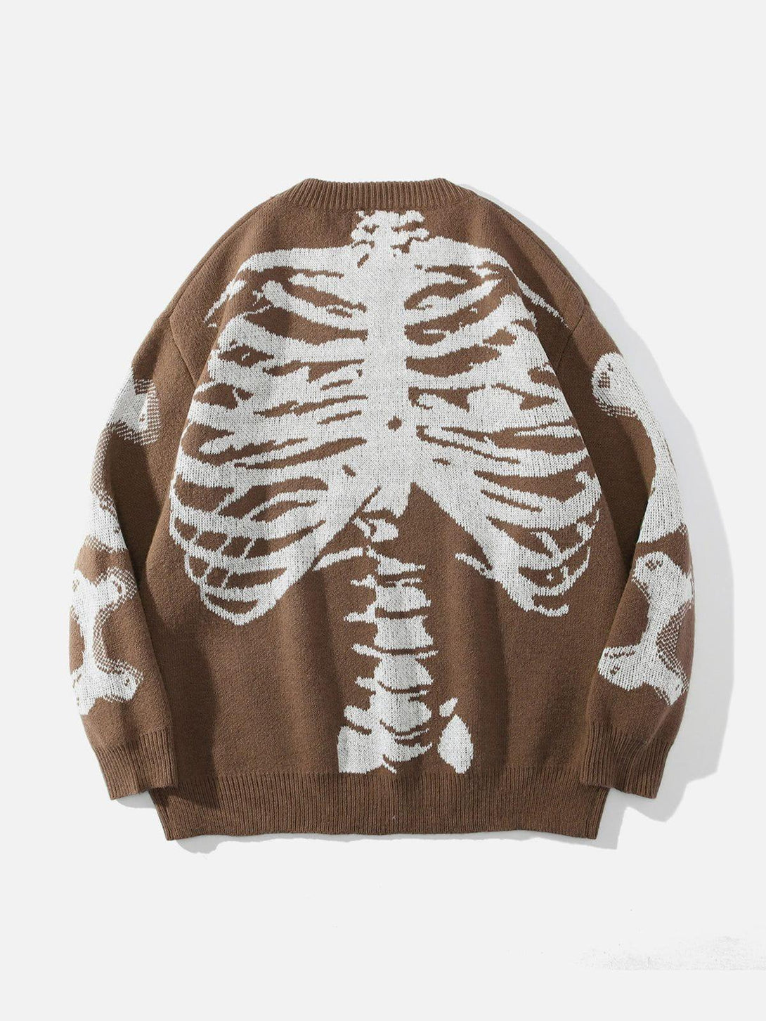 Back view of TALISHKO's brown knit sweater featuring a striking skeleton pattern design.