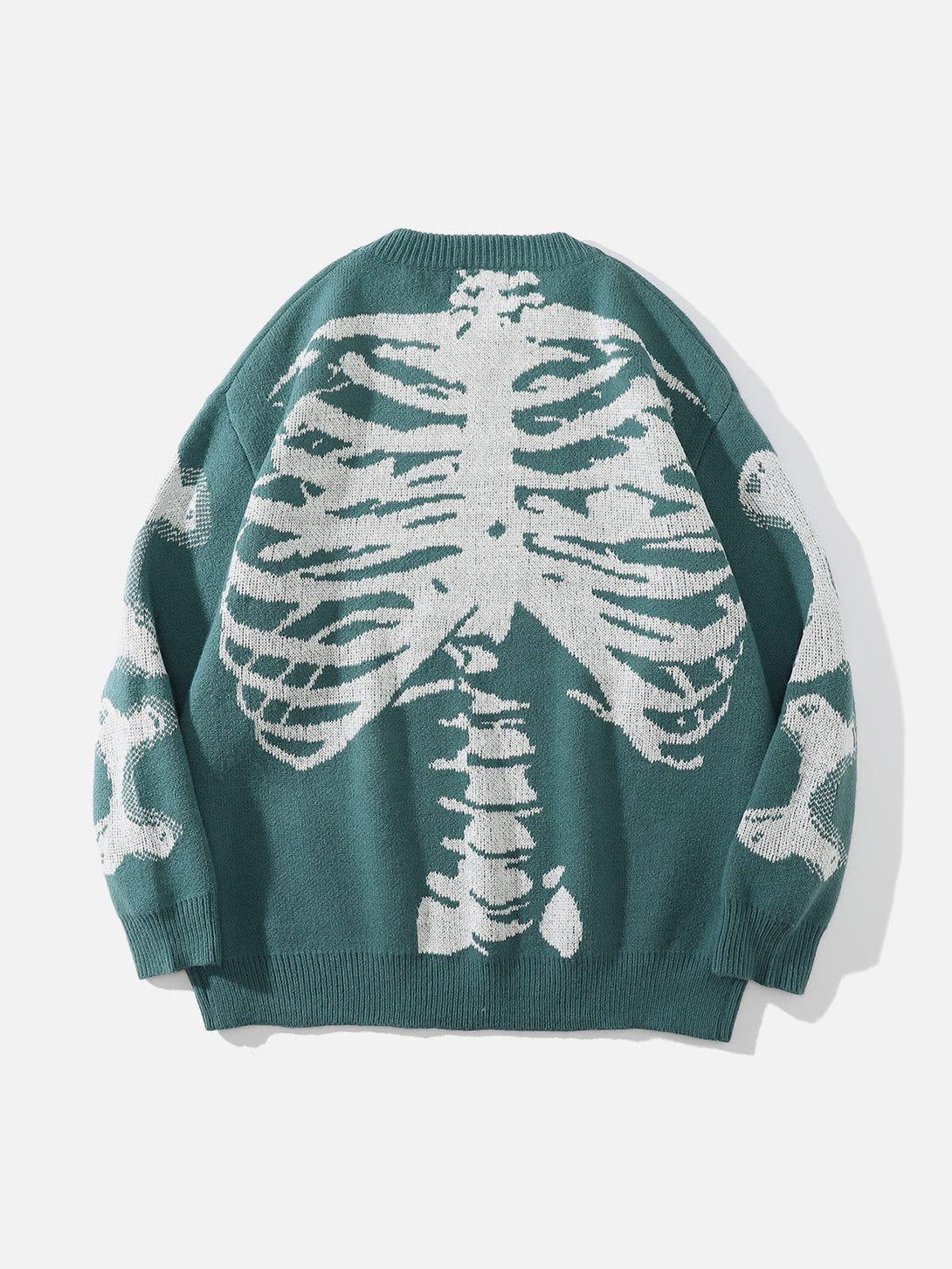 Back view of green knit sweater by TALISHKO, featuring a bold skeleton pattern design.
