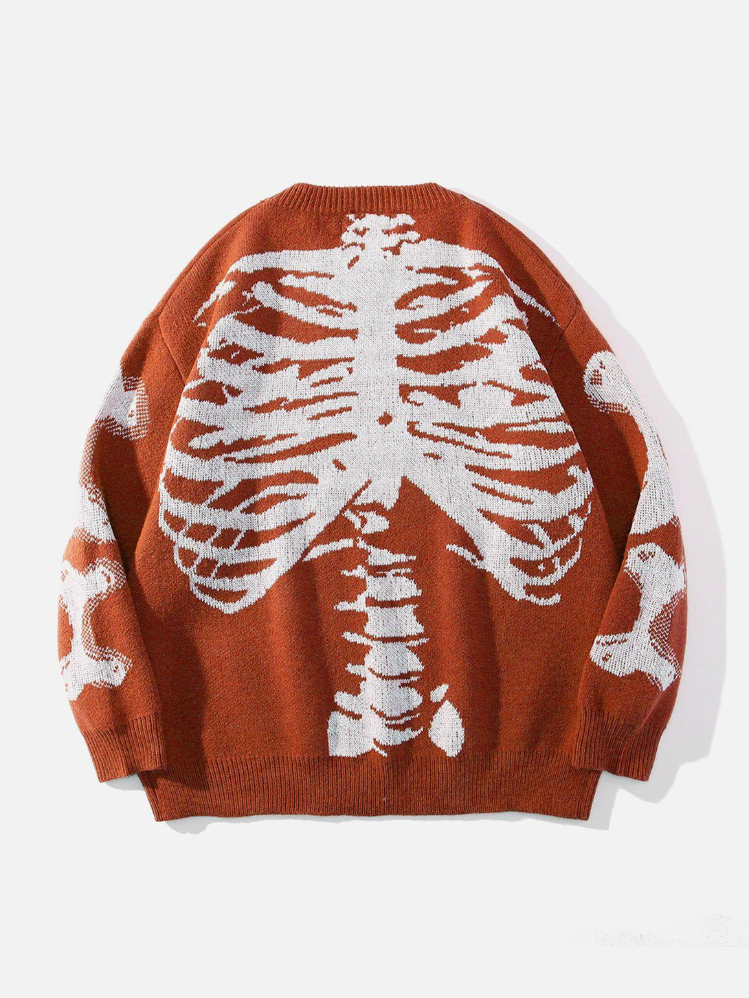 Orange skeleton pattern knit sweater by TALISHKO, showcasing the back view in urban style.