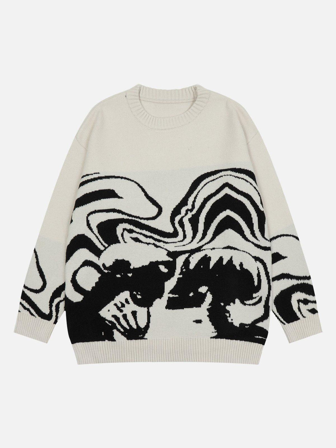 Front view of a beige TALISHKO sweater featuring an abstract black and white design.