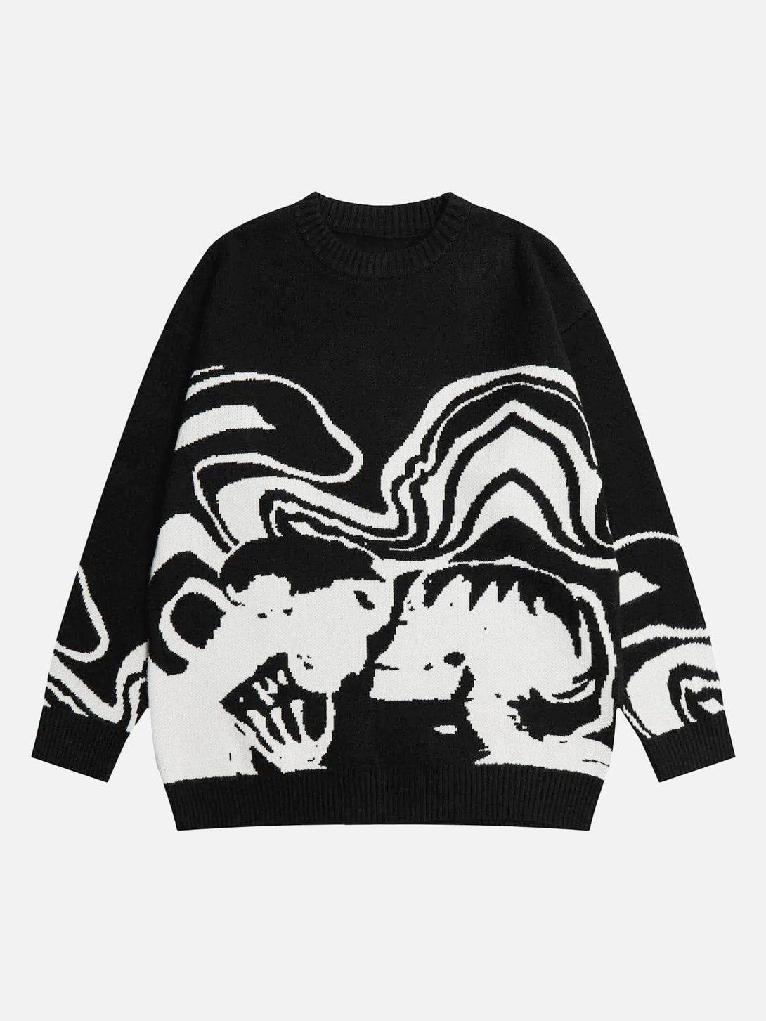 Front view of a black TALISHKO sweater with a bold, abstract skeleton portrait design.