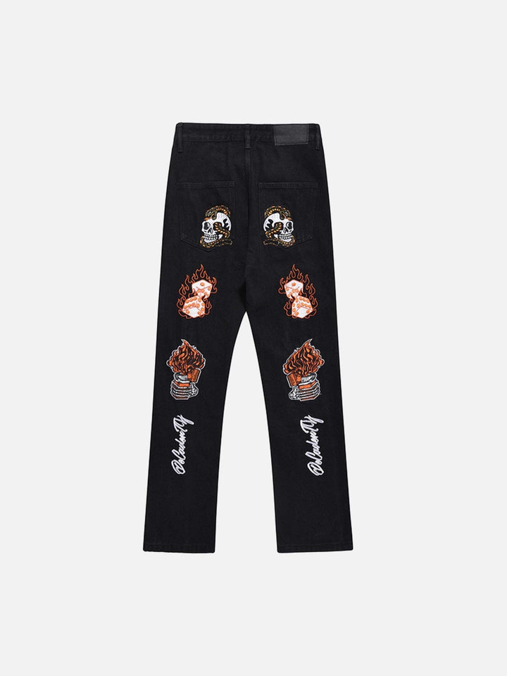 TALISHKO - Skull Flame Monogram Embroidered Jeans, streetwear fashion, talishko.com