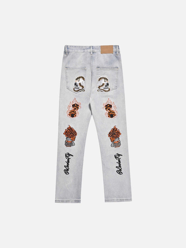 TALISHKO - Skull Flame Monogram Embroidered Jeans, streetwear fashion, talishko.com