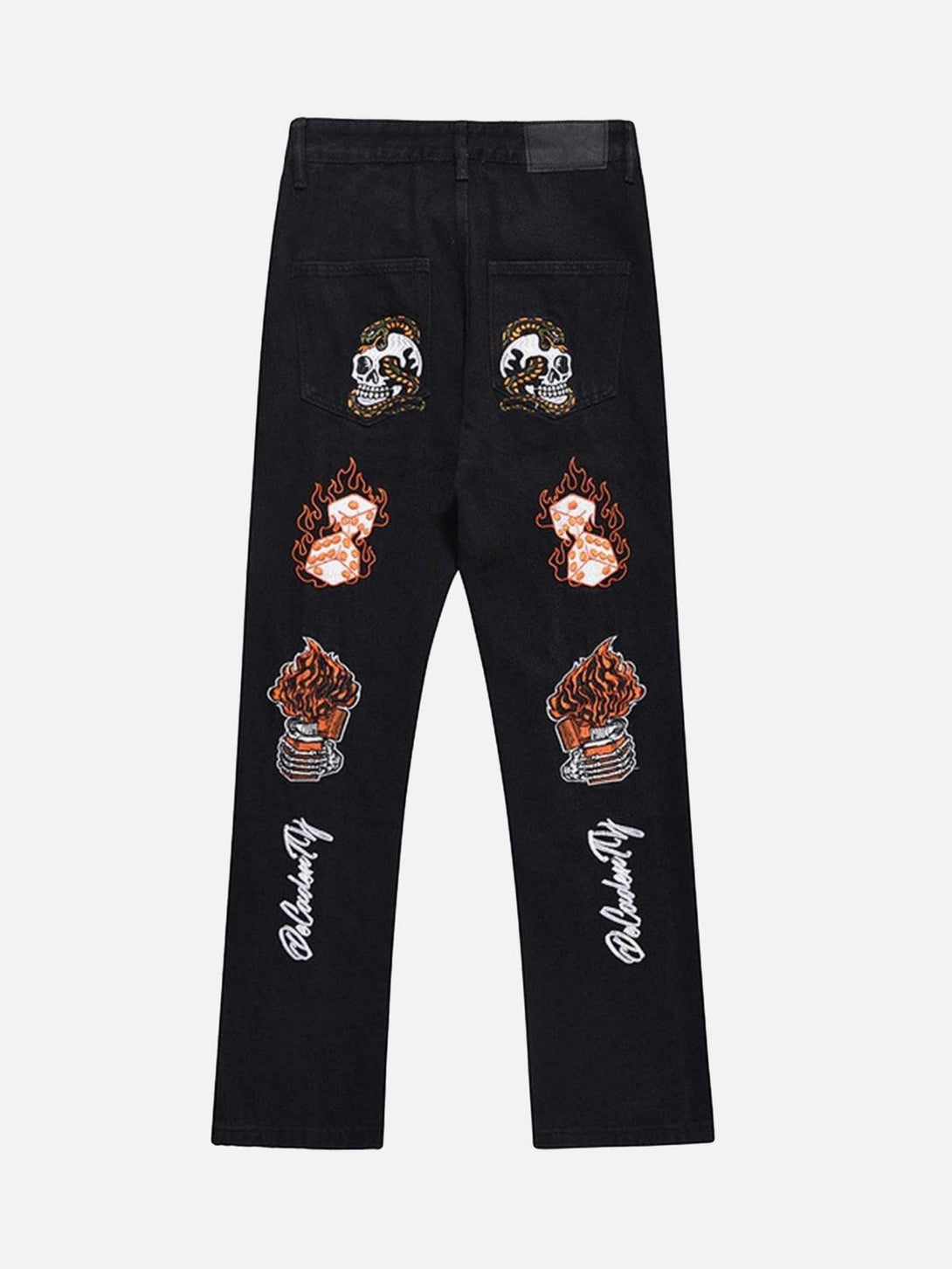 Back view of TALISHKO slim fit jeans in black with skull and flame embroidery detailing.