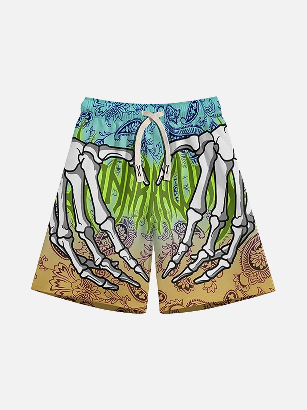 Russeluno ラッセルノ　SKELETON SLIM SHORTS パンツ TALISHKO Skull Hand Print Hip-Hop Shorts