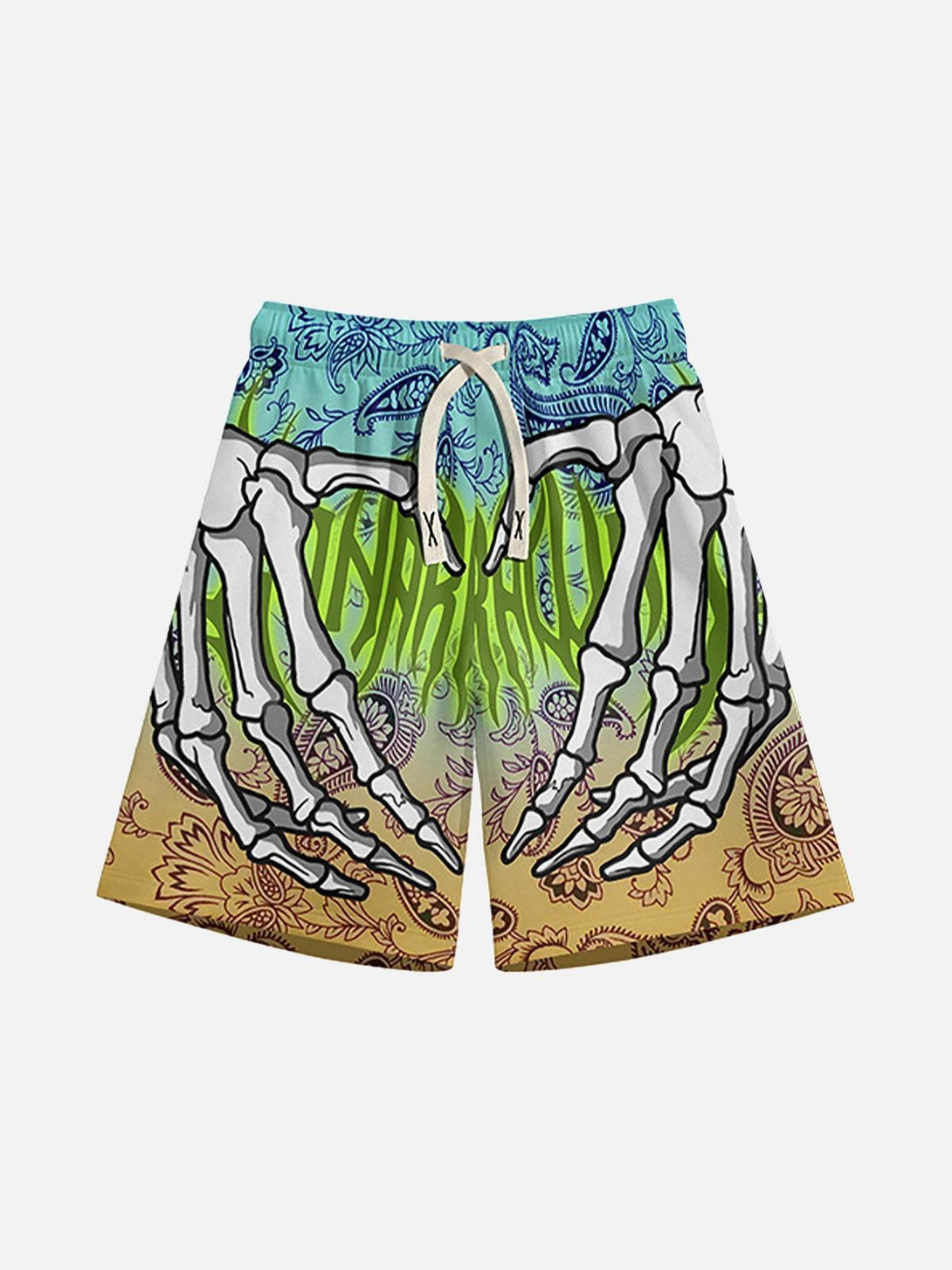 Front view of TALISHKO hip-hop shorts in green with a striking skeleton hand print design.