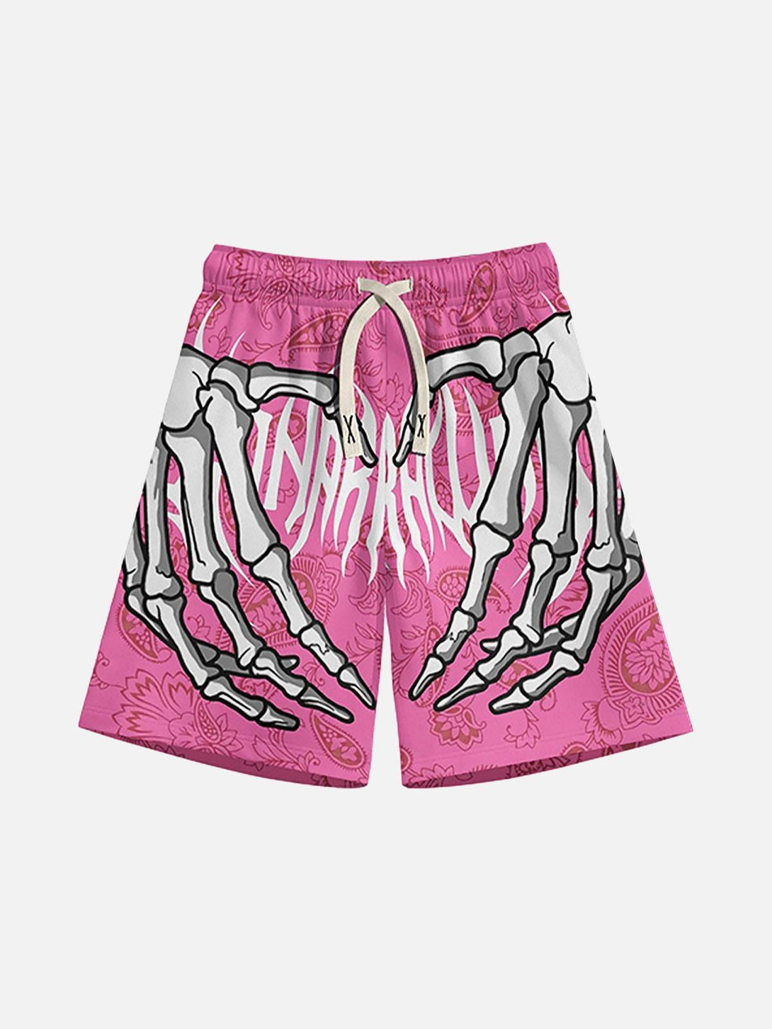 Front view of pink hip-hop shorts by TALISHKO, featuring a bold skeleton hand design.