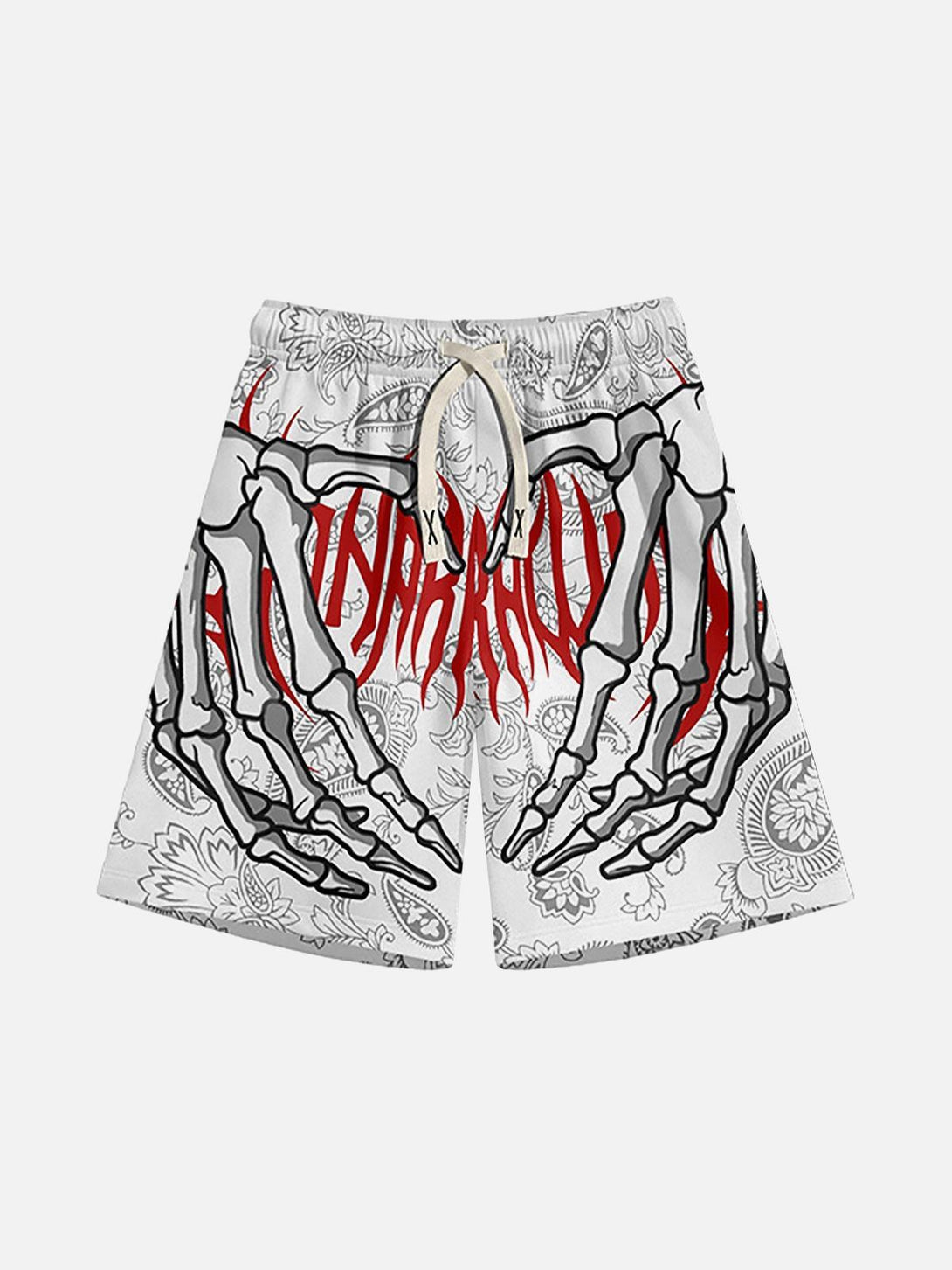 Front view of white hip-hop shorts by TALISHKO, showcasing a bold skeleton hand design.