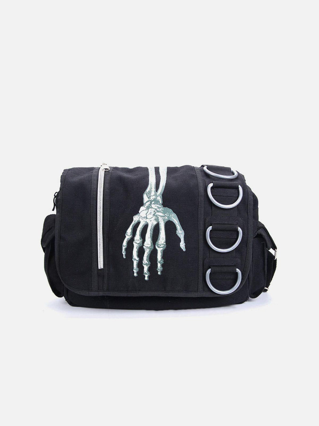 TALISHKO black crossbody bag featuring a skull print and metal rings, perfect for urban style.