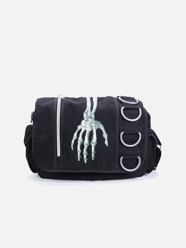 TALISHKO black crossbody bag featuring a skull print and metal rings, perfect for urban style.