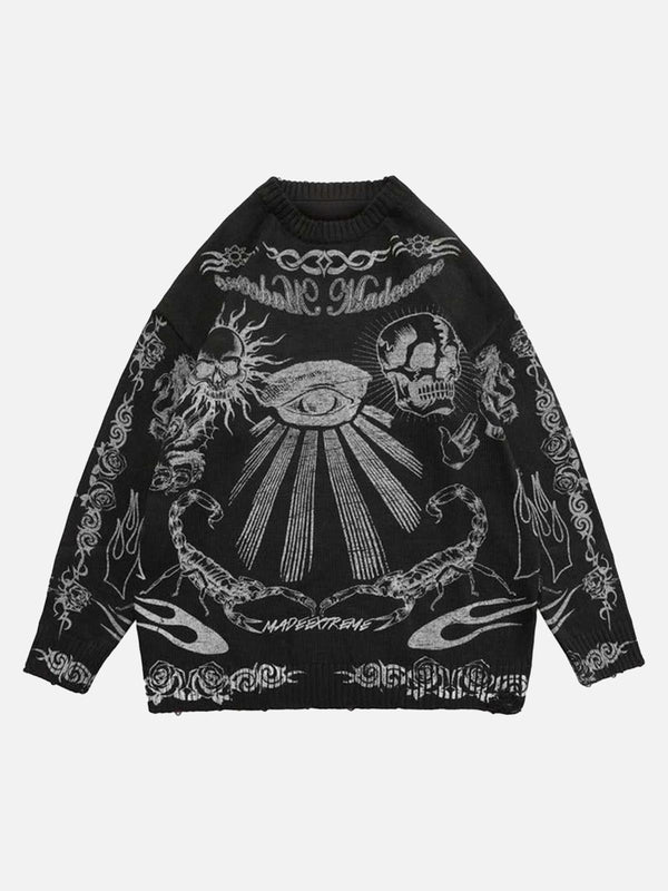 Front view of a black TALISHKO sweater with skull and sun prints, perfect for edgy street style.