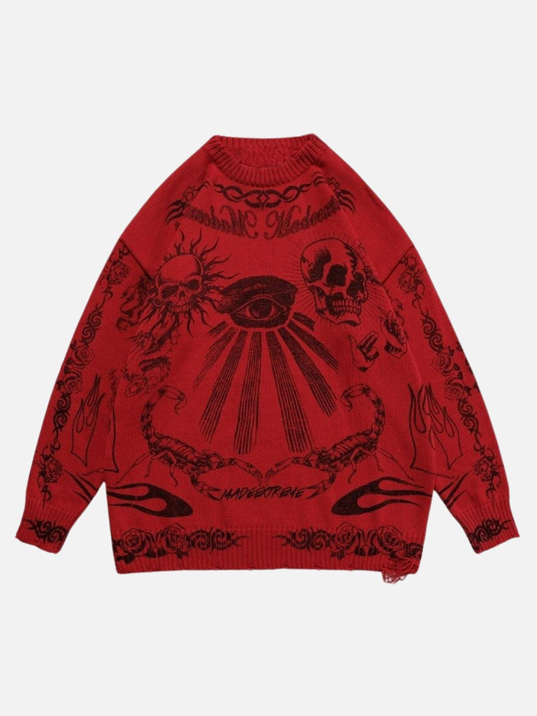 Front view of a red TALISHKO sweater with bold skull and eye motifs, ideal for edgy style.