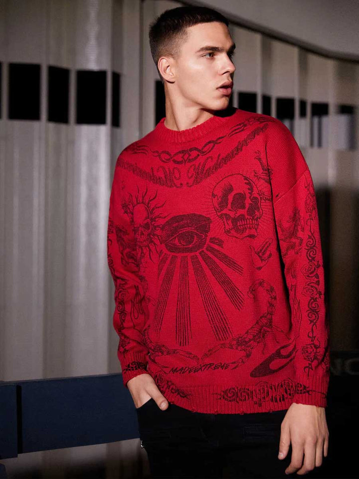 TALISHKO - Skull Print Distressed Sweater - streetwear fashion - talishko.com