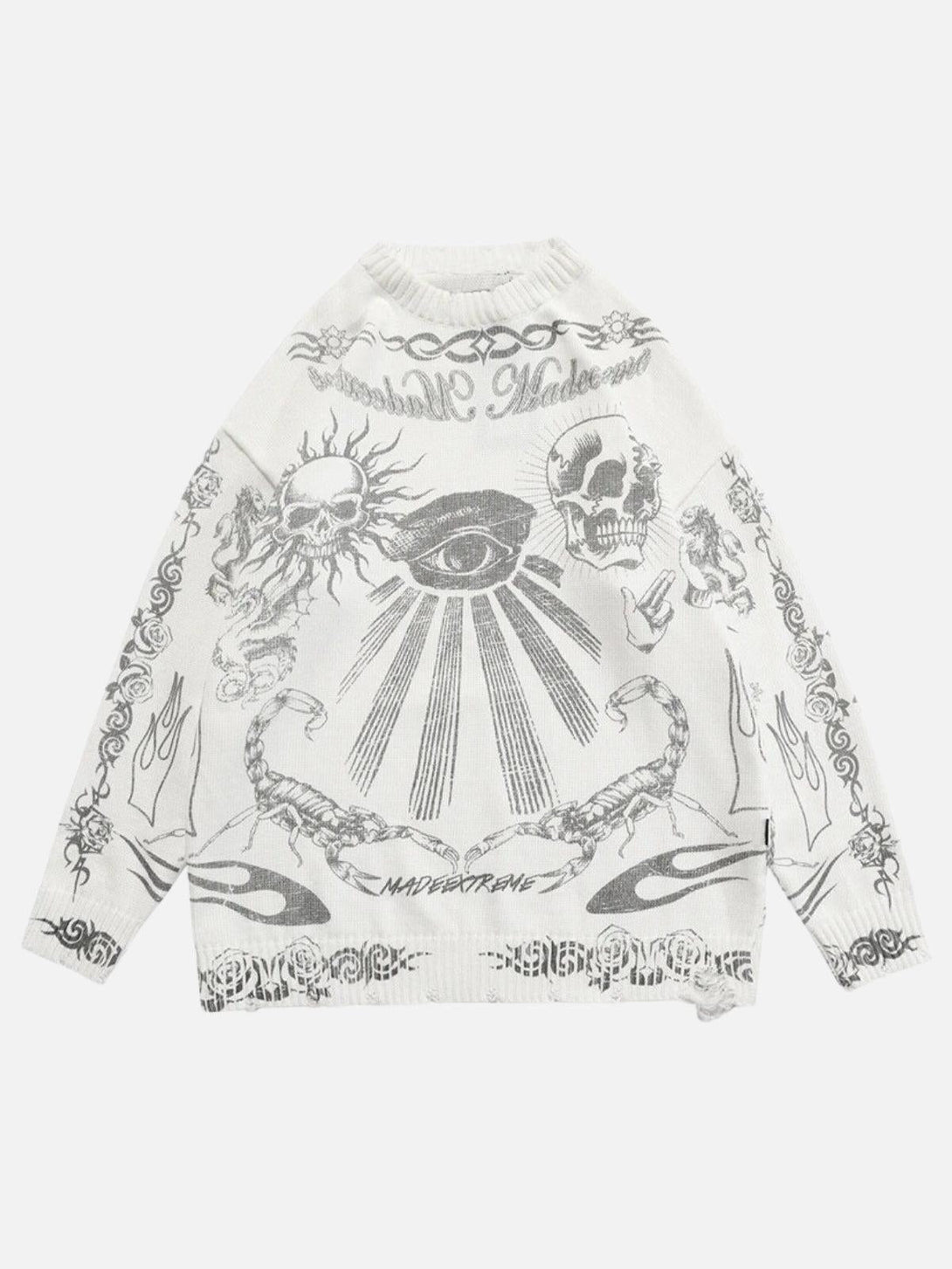 Front view of a white TALISHKO sweater with intricate skull and eye designs, perfect for bold style.
