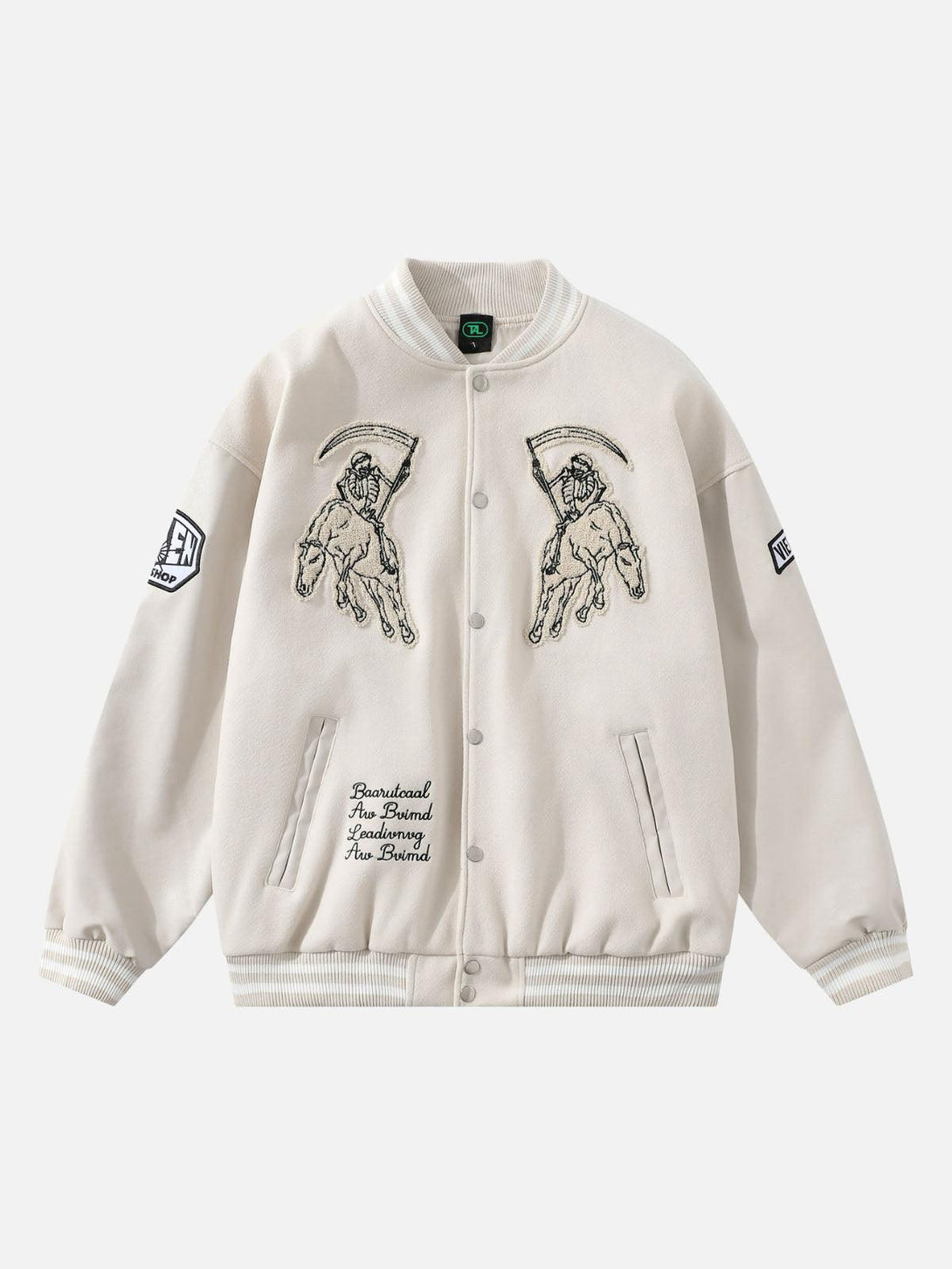 Front view of an apricot jacket with embroidered skull design by TALISHKO, perfect for urban style.
