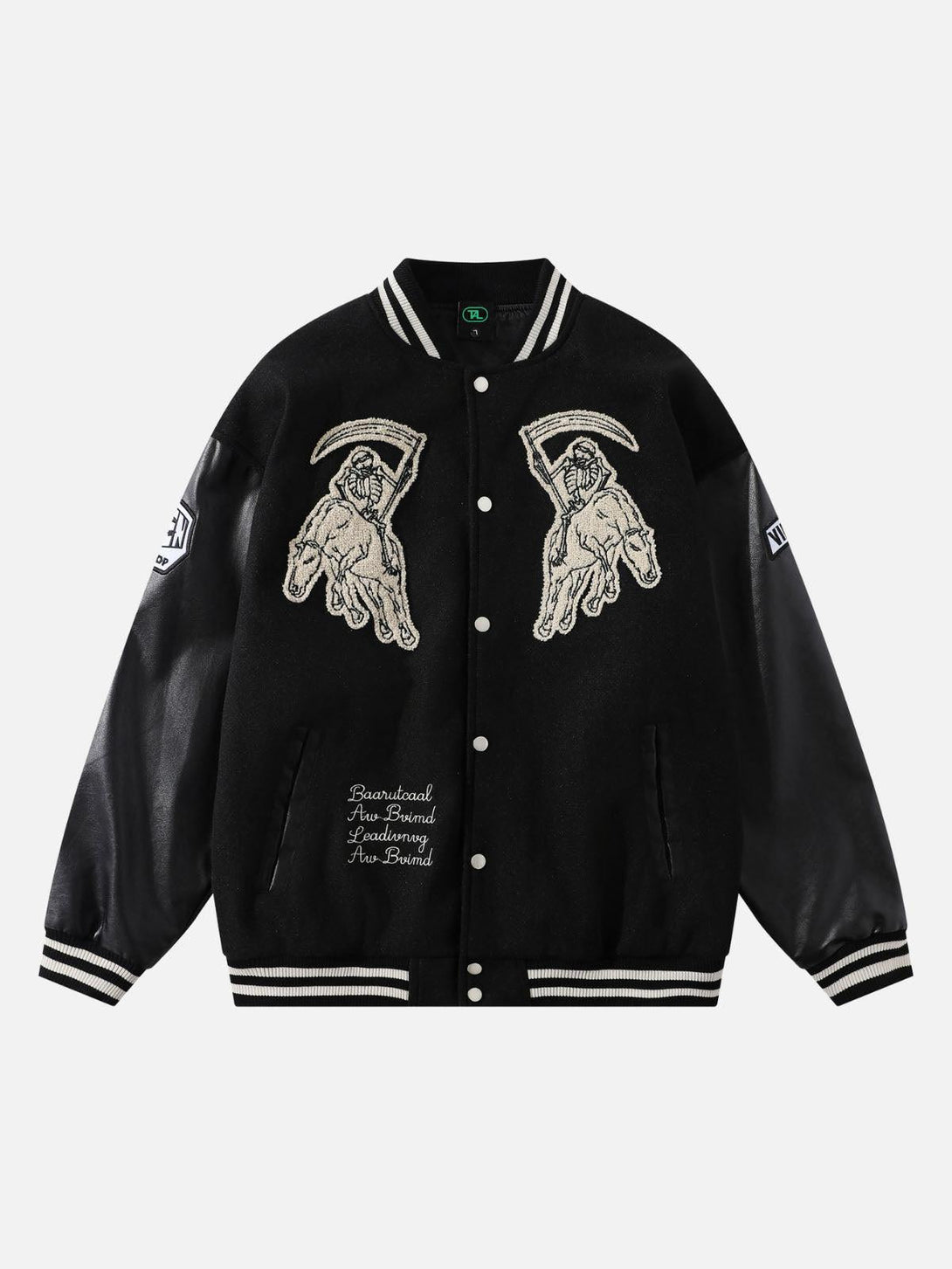 Front view of a black embroidered jacket with skull design, featuring PU sleeves by TALISHKO.