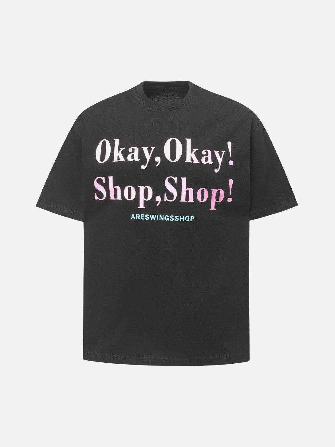 Front view of black slogan graphic T-shirt by TALISHKO, great for casual warm-weather outfits.