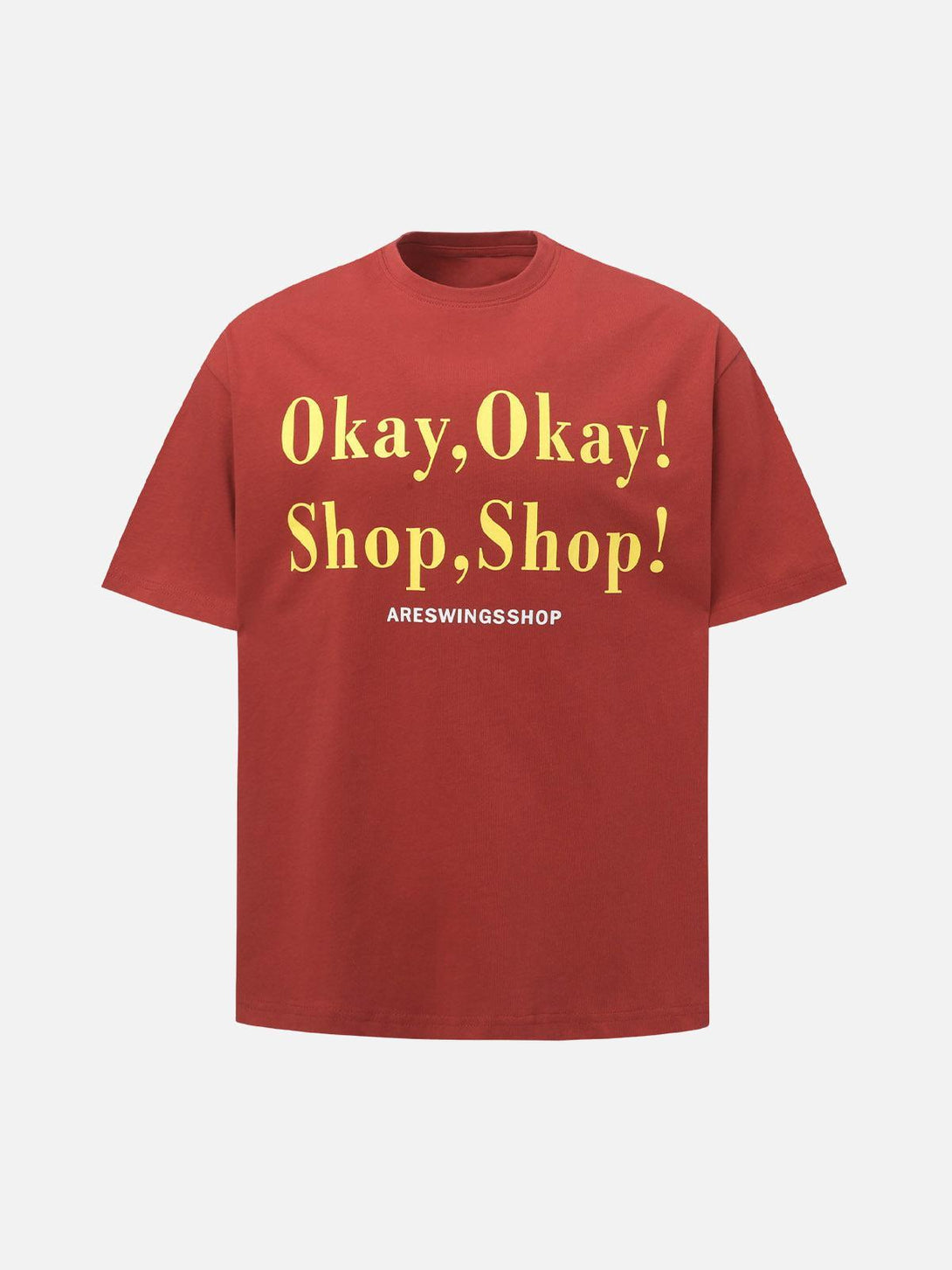 Red slogan graphic T-shirt by TALISHKO, front view, perfect for casual summer days.