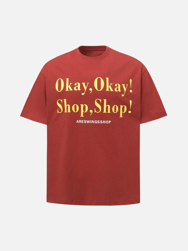 Red slogan graphic T-shirt by TALISHKO, front view, perfect for casual summer days.