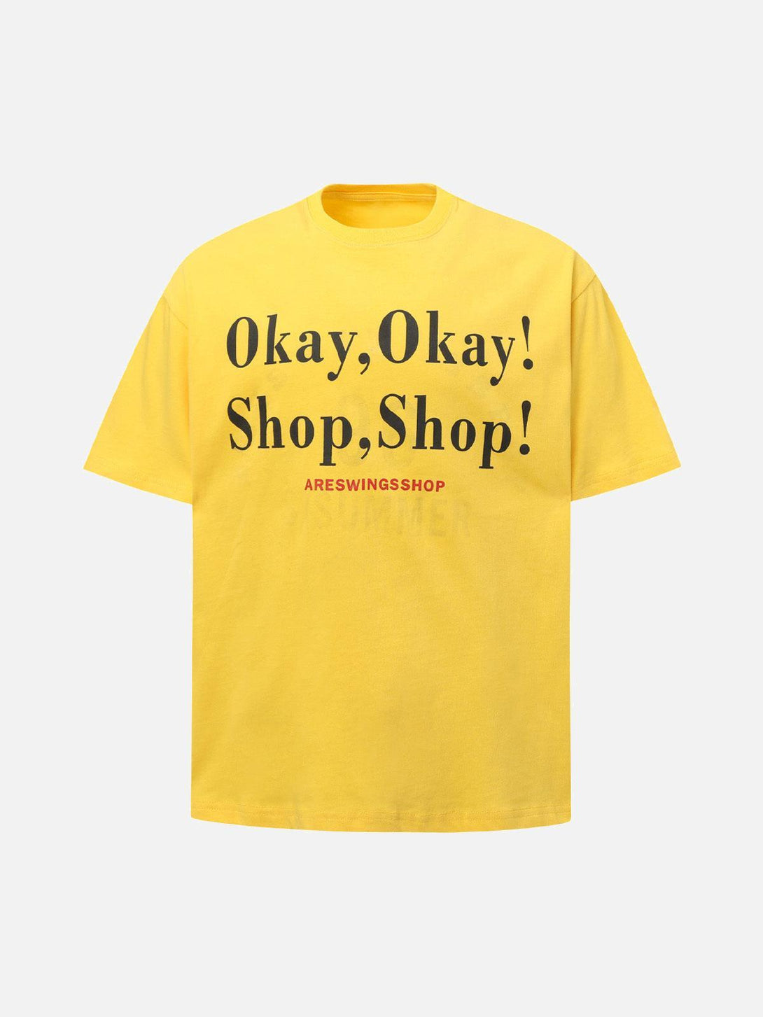 Bright yellow slogan graphic T-shirt by TALISHKO, front view, adding playful style to sunny days.