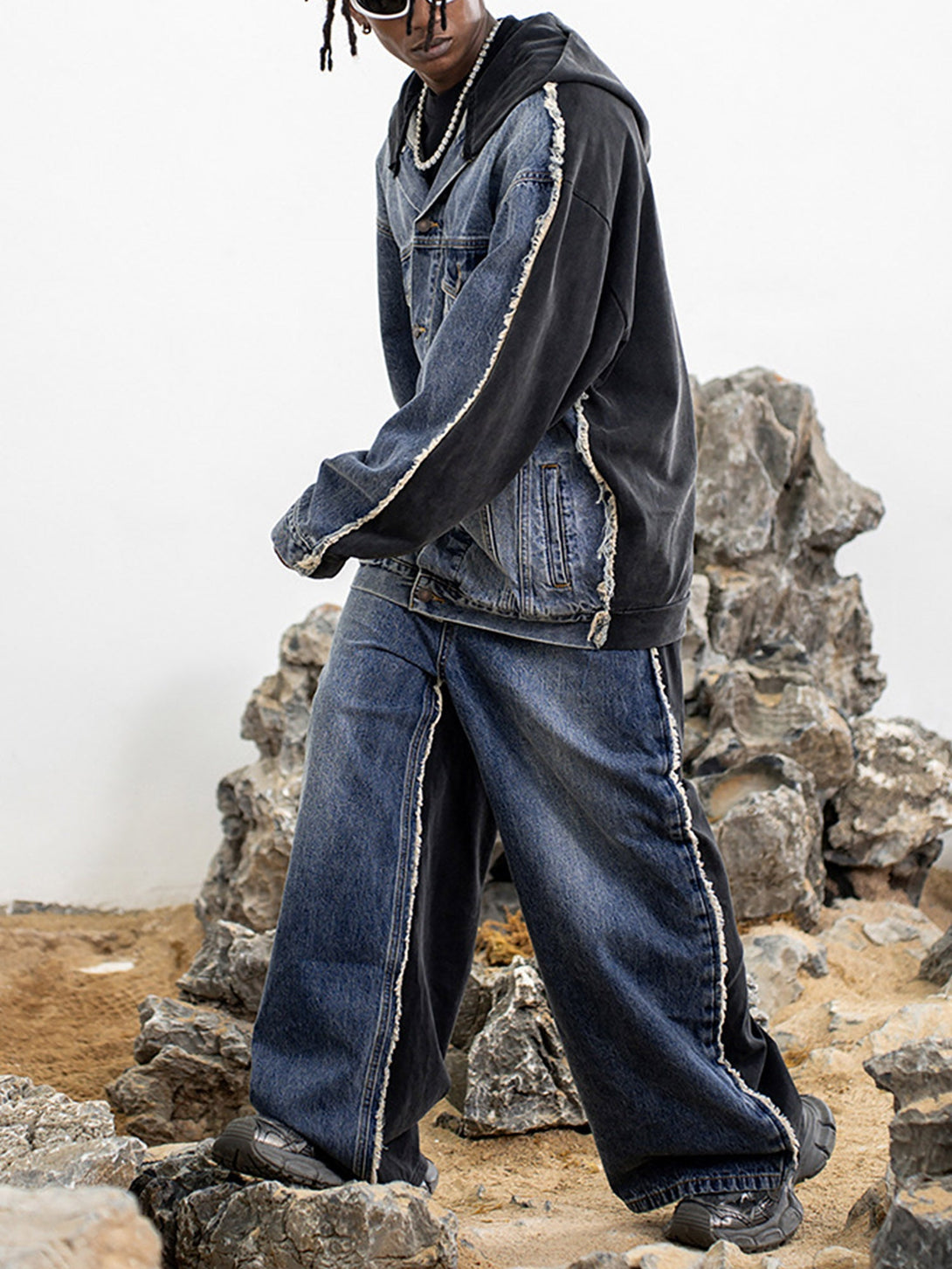 TALISHKO - Slub Cotton Denim Patchwork Frayed Fringed Jeans, streetwear fashion, talishko.com