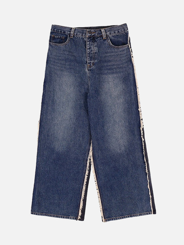 TALISHKO - Slub Cotton Denim Patchwork Frayed Fringed Jeans, streetwear fashion, talishko.com