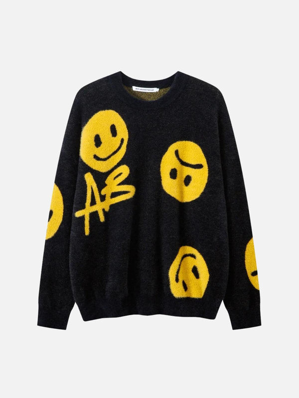 Black sweater with yellow smiley faces, front view by TALISHKO, perfect for casual style.