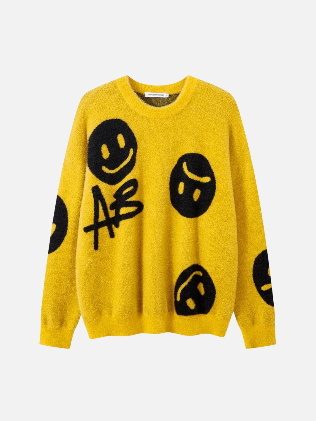 Yellow sweater featuring black smiley designs, front view by TALISHKO, ideal for playful fashion.