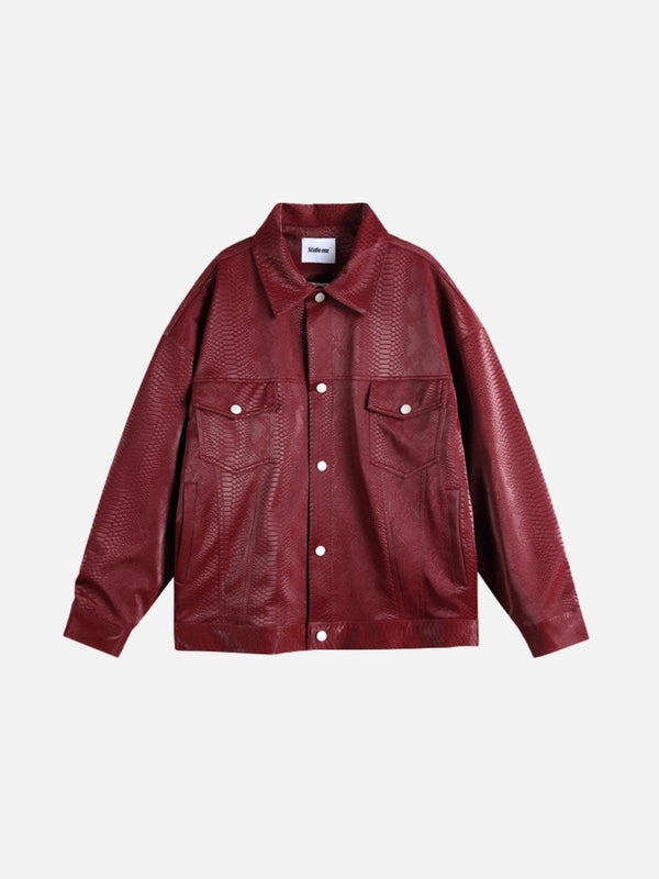 Front view of a red snake texture faux leather jacket by TALISHKO, perfect for urban style.