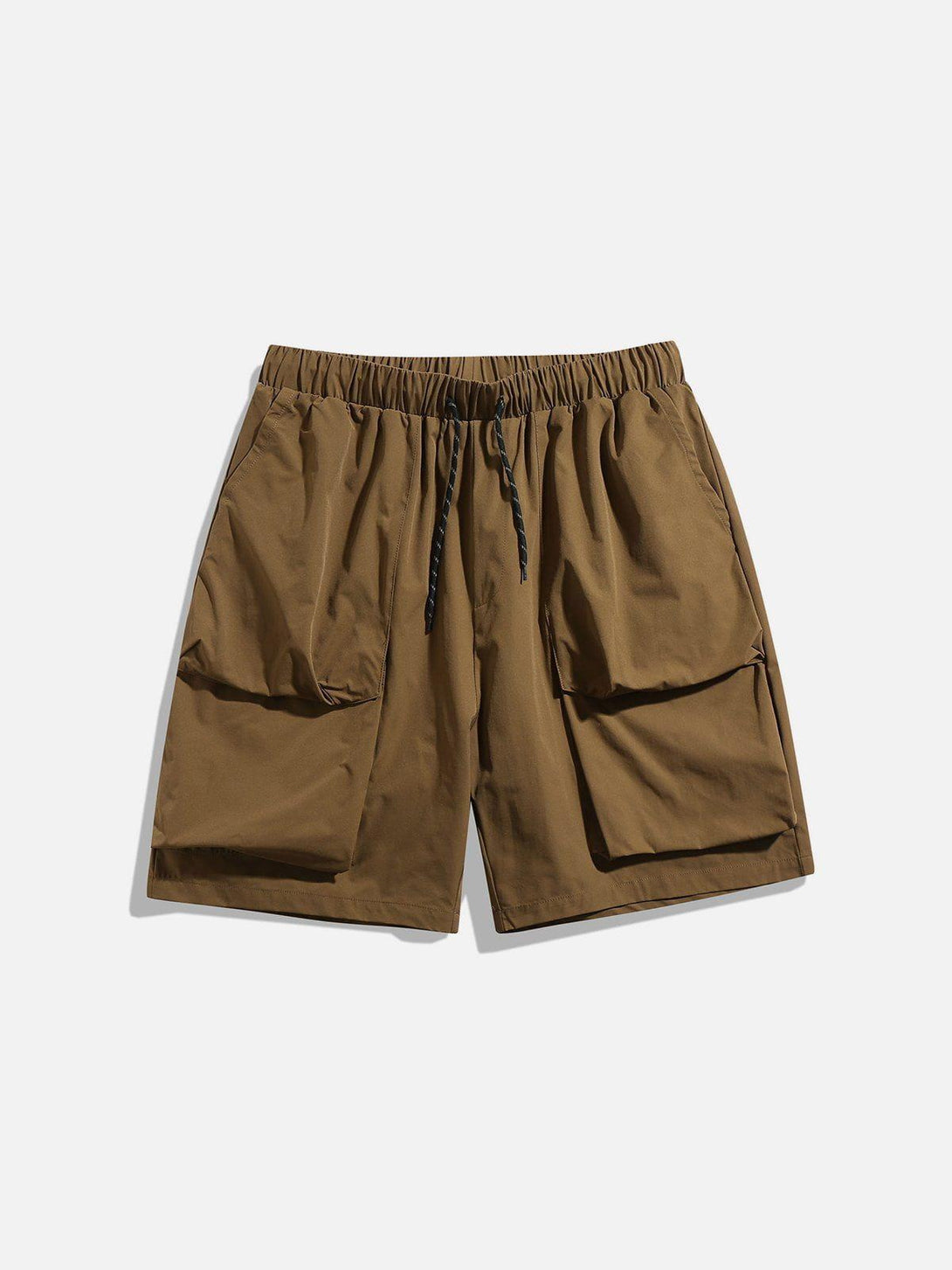 Front view of coffee drawstring shorts by TALISHKO, featuring spacious pockets for casual style.