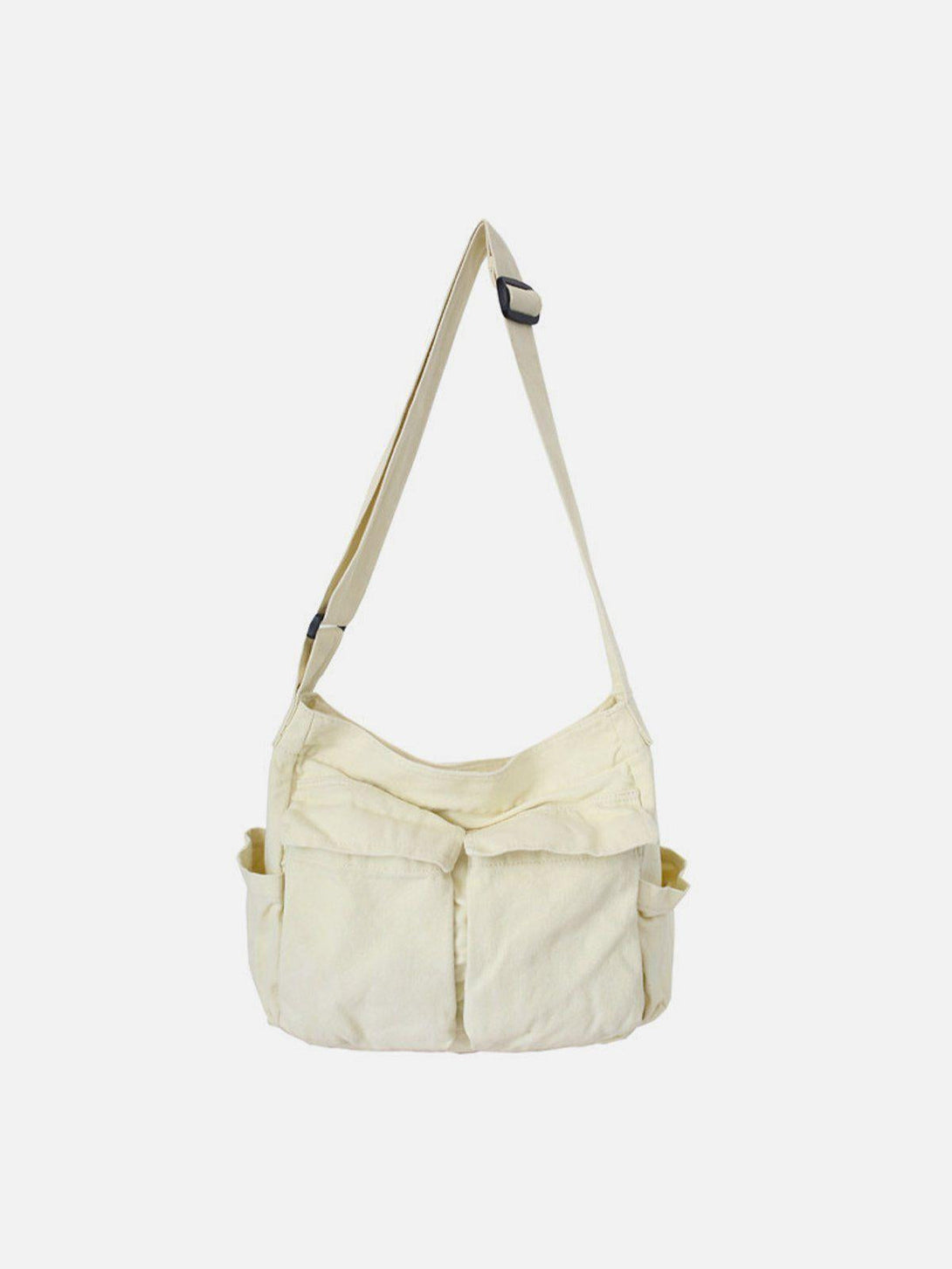 Front view of a white shoulder bag with large pockets by TALISHKO, perfect for urban style.