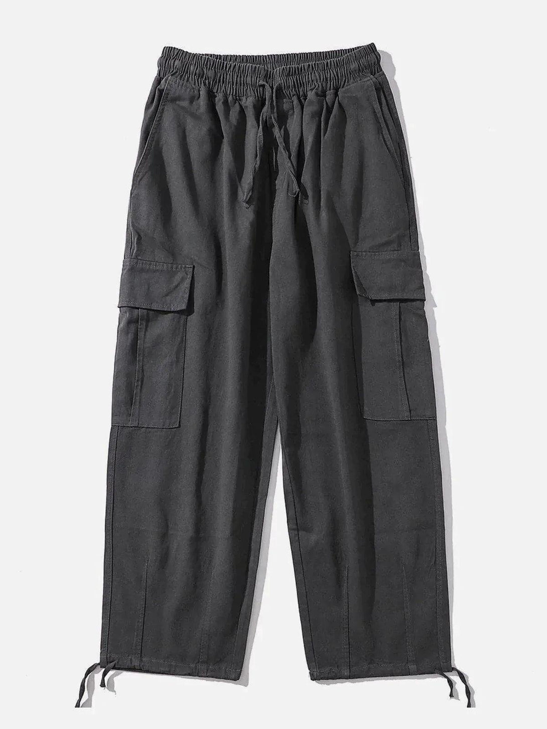Front view of gray big pocket pants by TALISHKO, highlighting casual street style.
