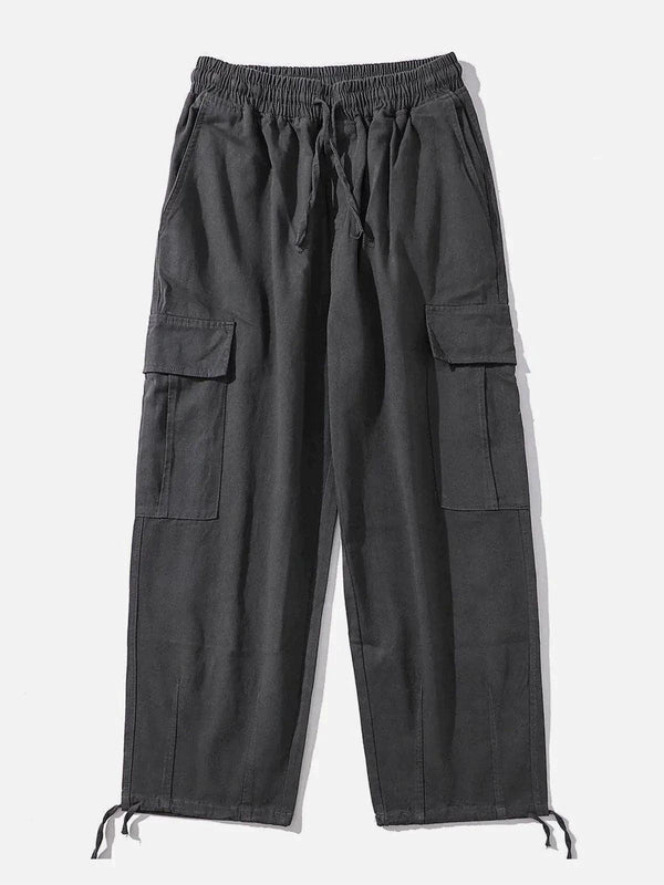 Front view of gray big pocket pants by TALISHKO, highlighting casual street style.