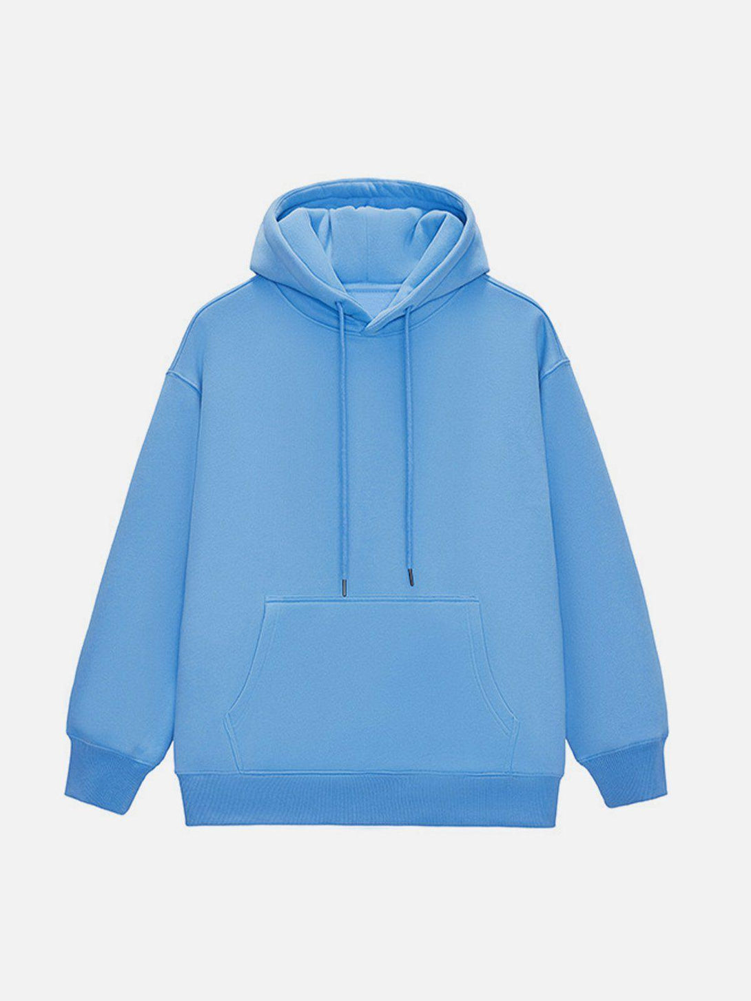 Front view of a blue drawstring hoodie by TALISHKO, perfect for trendy casual outfits.