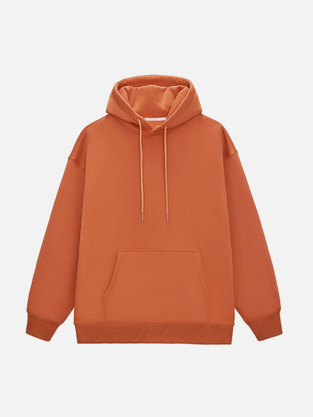 Front view of a dark orange drawstring hoodie by TALISHKO, perfect for casual urban style.