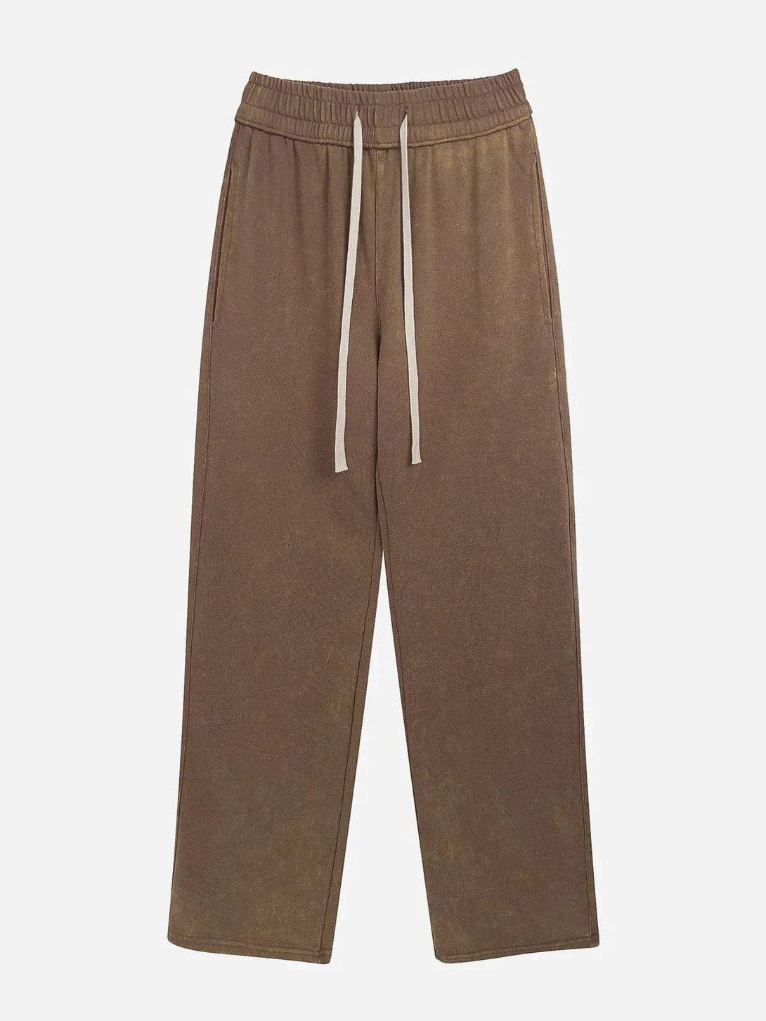 Front view of khaki drawstring pants by TALISHKO, featuring a relaxed streetwear style.