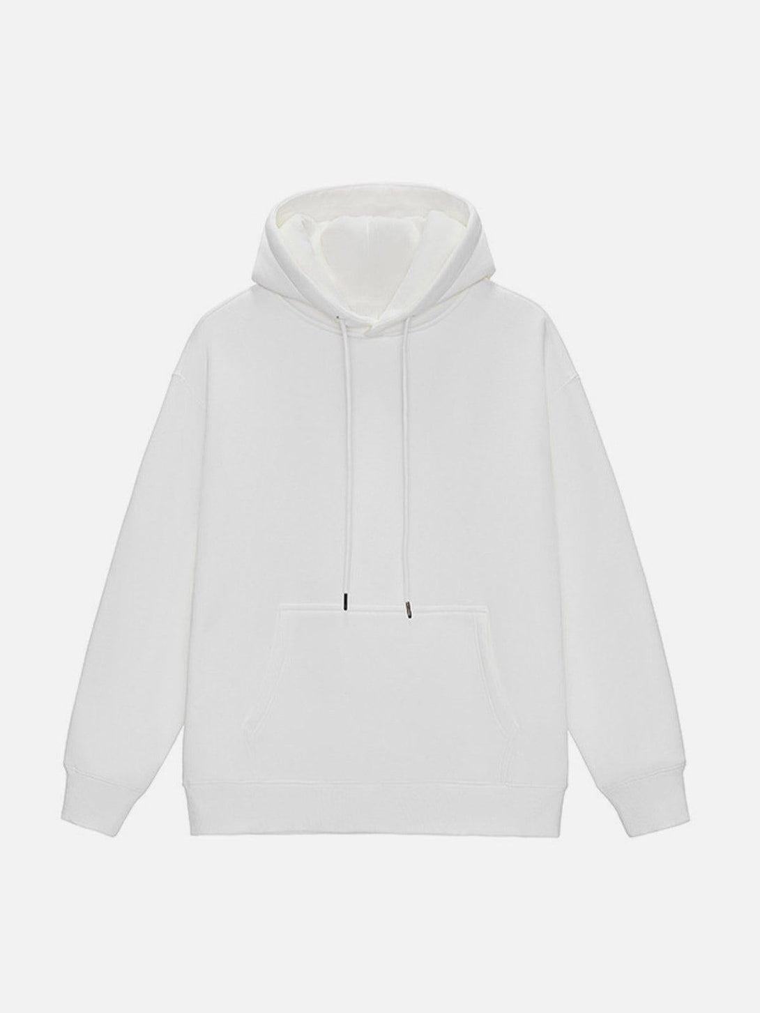 Front view of a white drawstring hoodie by TALISHKO, perfect for casual street style.