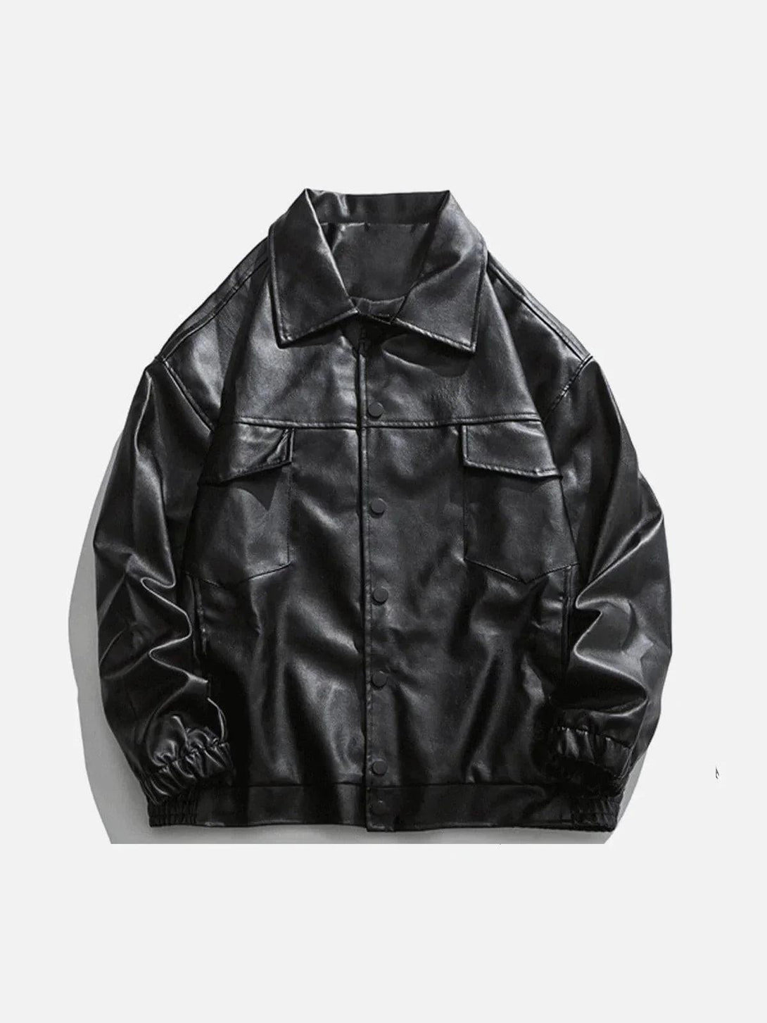 Front view of a black PU jacket by TALISHKO, featuring a solid color and lapel design.