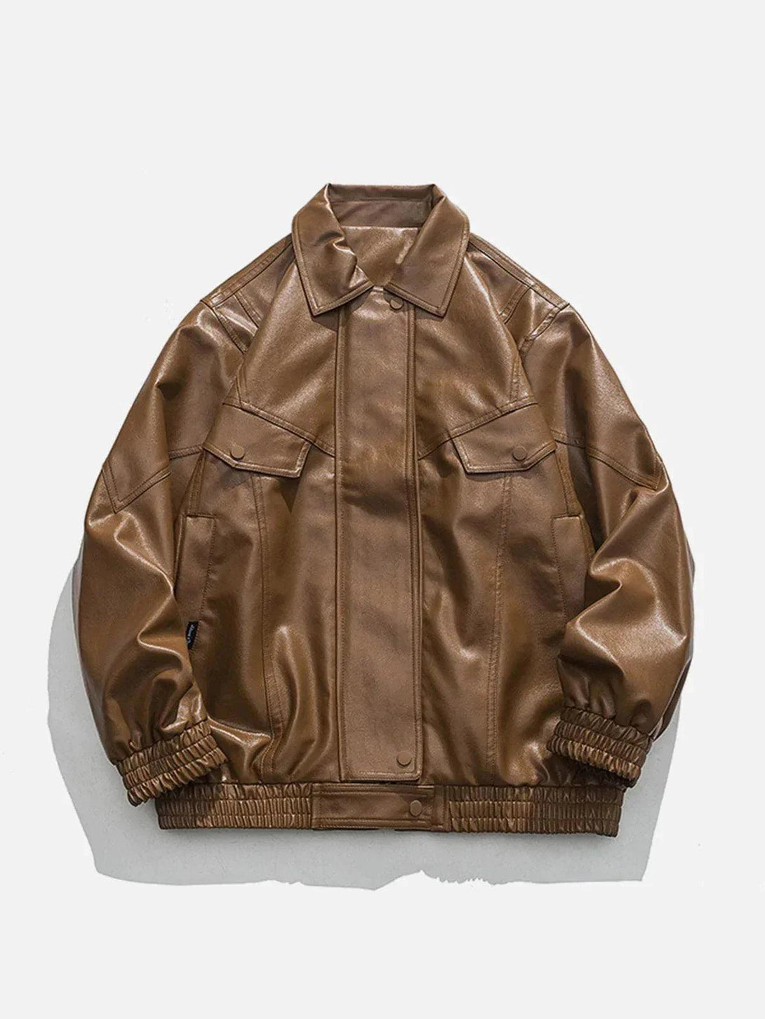 Front view of a coffee-colored PU jacket by TALISHKO, highlighting a trendy urban style.