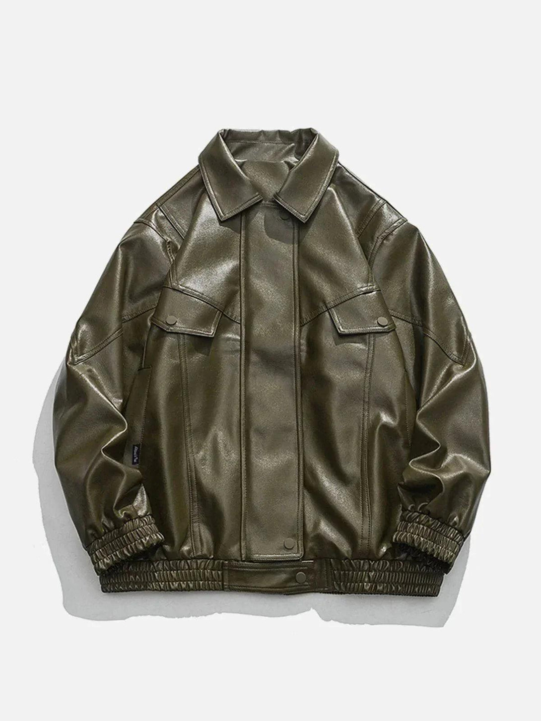 Front view of a green PU jacket by TALISHKO, featuring a stylish streetwear look.
