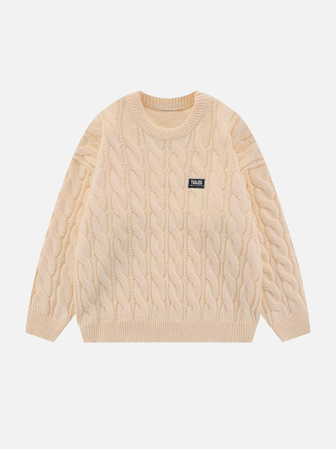 Front view of apricot twist knit sweater by TALISHKO, showcasing its cozy cable-knit design.