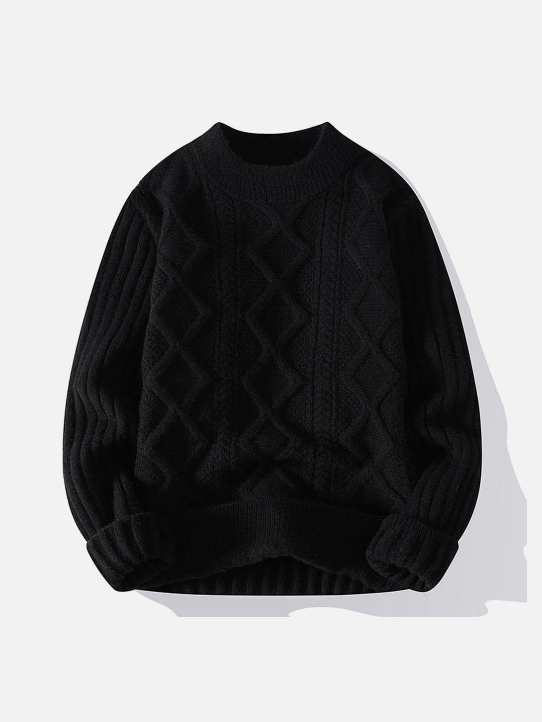 Front view of TALISHKO's black twist knit sweater, featuring a cozy cable-knit design.