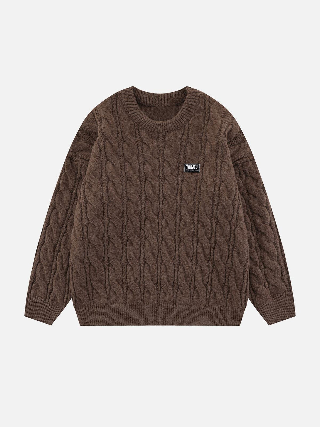 Front view of TALISHKO's brown twist knit sweater, featuring a cozy cable-knit pattern.