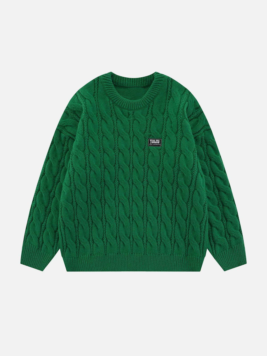 Front view of TALISHKO's green twist knit sweater, featuring a stylish cable-knit texture.