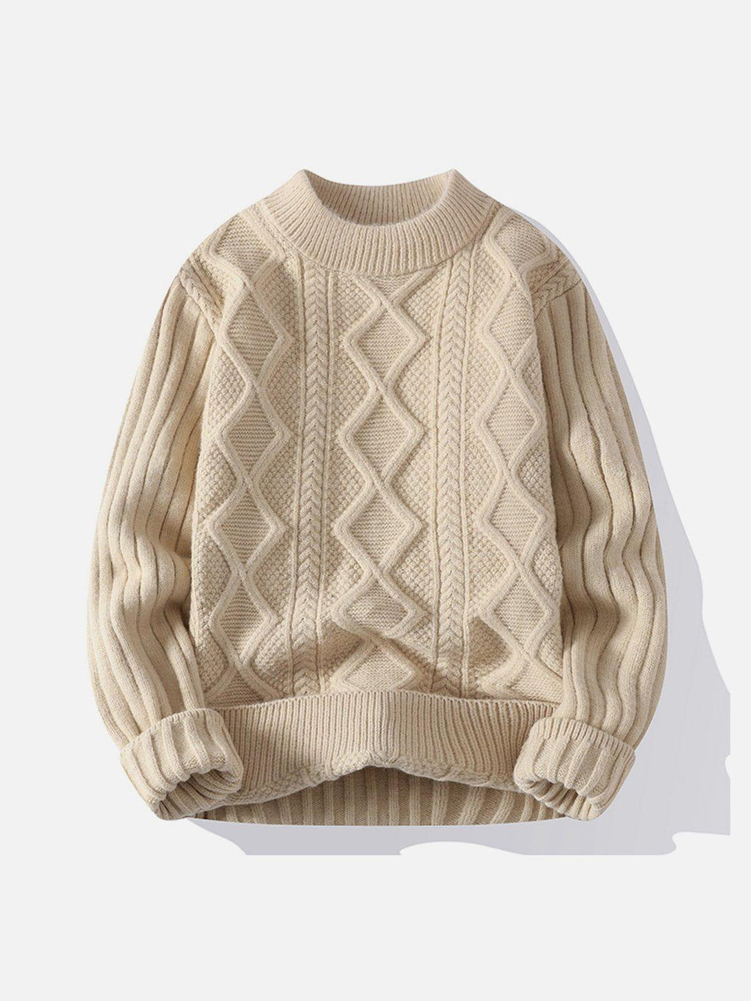 Front view of TALISHKO's khaki twist knit sweater, featuring a stylish cable-knit pattern.