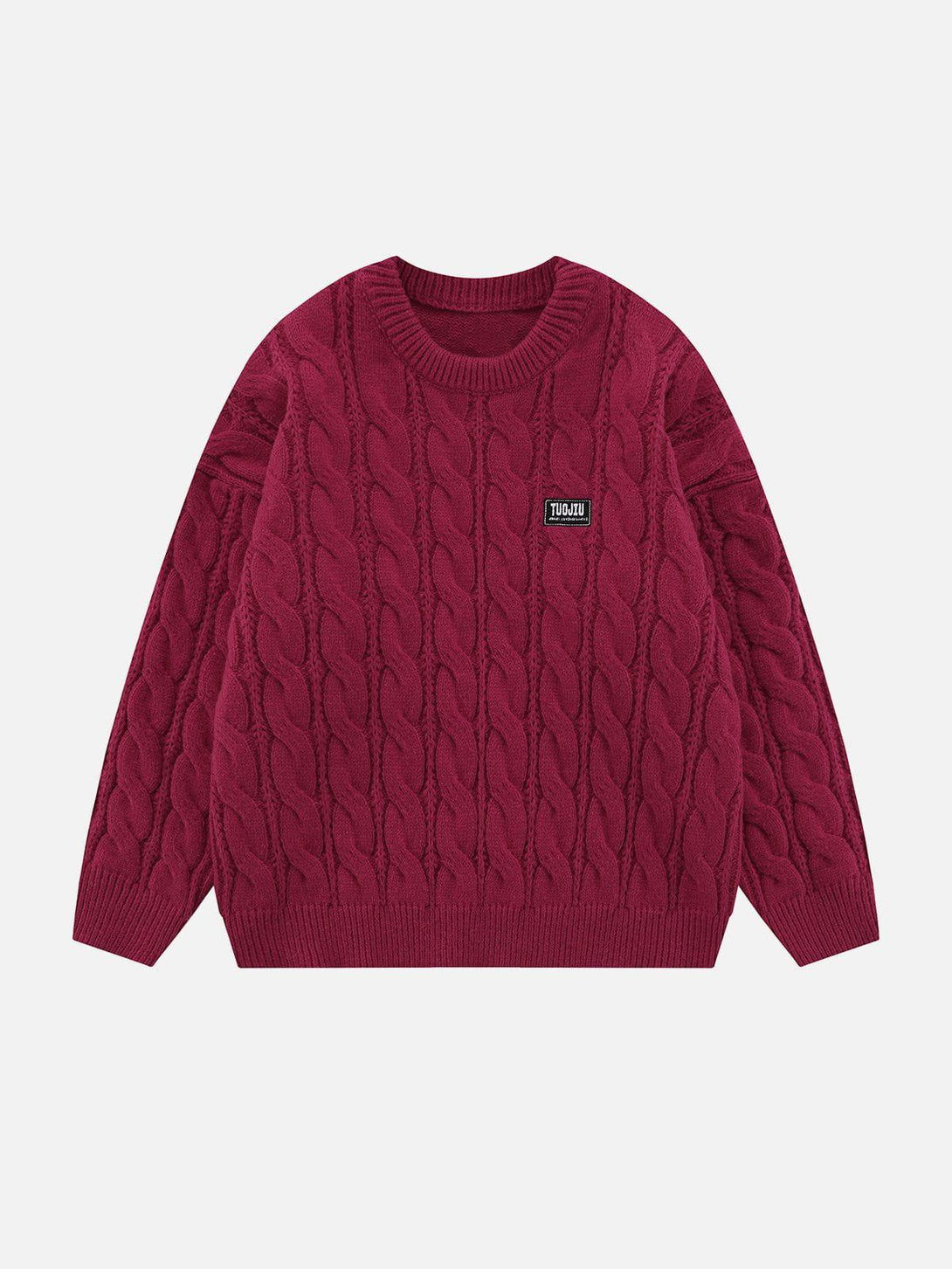 Front view of TALISHKO's red twist knit sweater, featuring a stylish cable-knit texture.